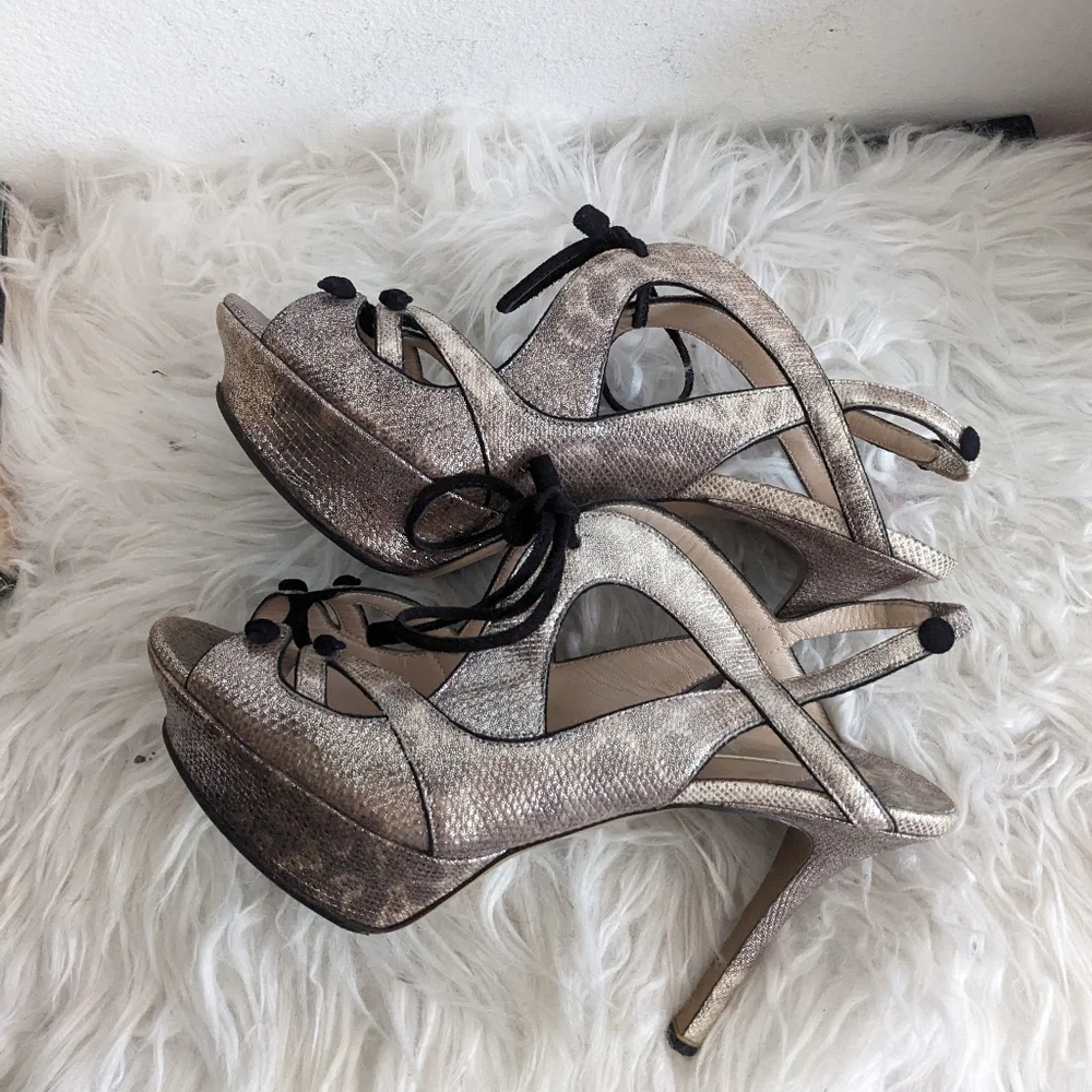 Nicholas Kirkwood Metallic Leather Heels Sandals 8 Lace Up Sling Snakeskin